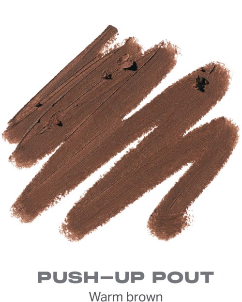 Prøver der viser en varm brun læbestift eller lip gloss i fire strøg. Teksten siger Push-Up Pout, Warm Brown.