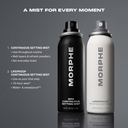 Två cylindriska flaskor från Morphe med inställningsspray, en svart och en vit, märkta med produktnamn och beskrivningar i vitt och svart text.