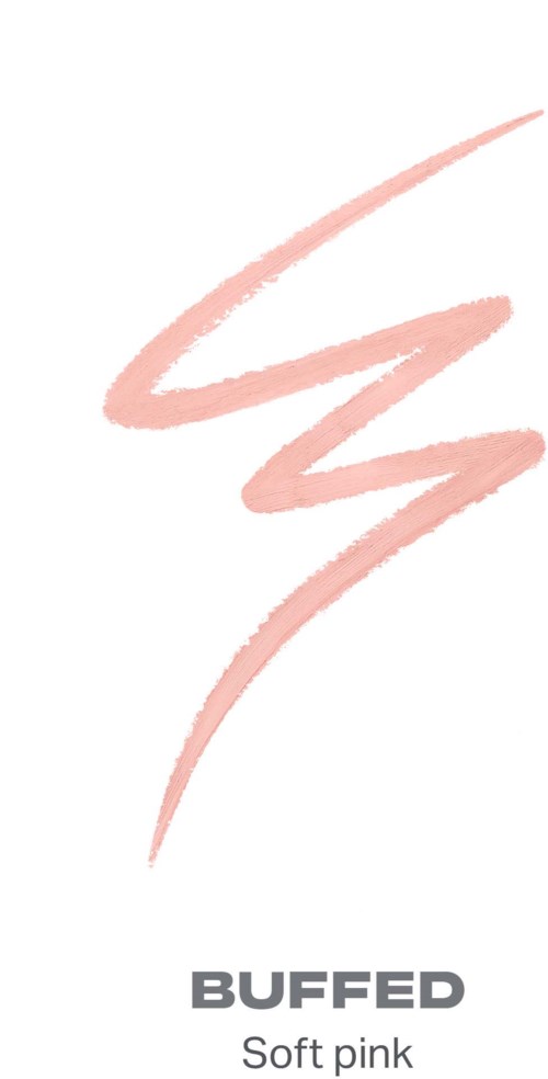 En mjuk rosa makeup-nyans med en texturerad, borstliknande yta och texten BUFFED nedanför.