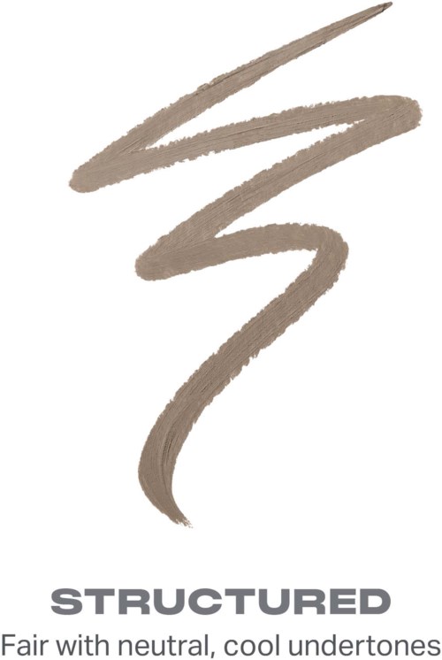Ett beige makeup-svep med ett jämnt, kurvat penseldrag. Orden STRUCTURED och frasen Fair with neutral, cool undertones finns nedanför.