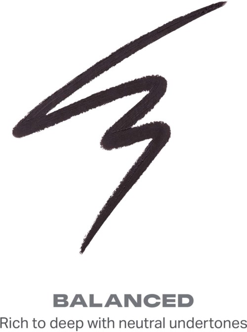 A black abstract line, with the word BALANCED below, and a description about being rich and neutral undertones.