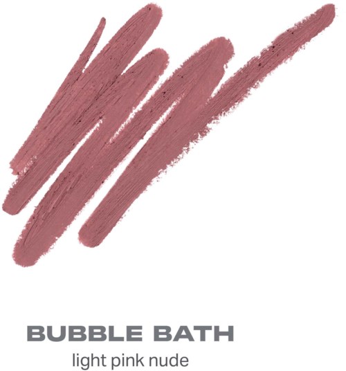 Ljus rosa nude i penseldrag, med texten Bubble Bath nedanför. Det beskriver en nagellacksfärg.