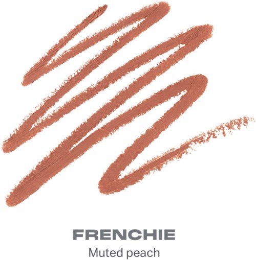 Swatch av tonad persikläppstift eller sminkfärg med penseldrag. Frenchie-märkeslogotyp under.
