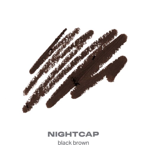 Mörkbruna fläckar eller streck med texten 'NIGHTCAP black brown' nedanför. Enkel makeup- eller kosmetikskiss.