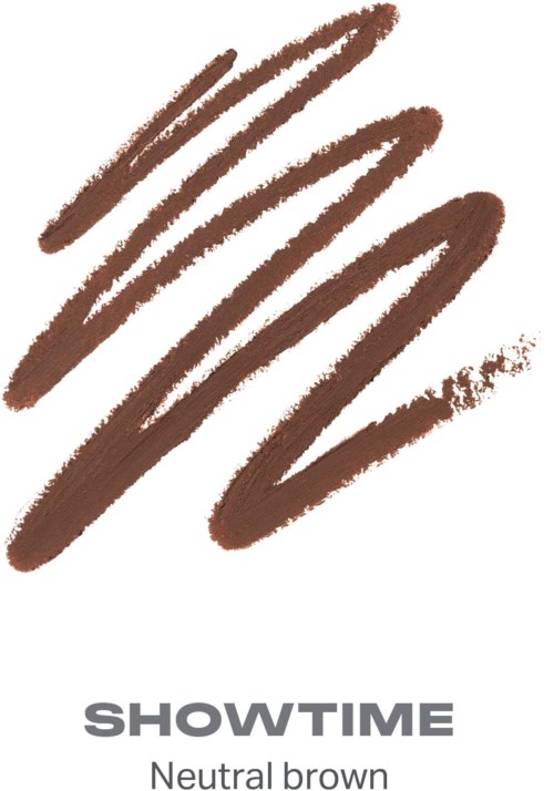 Makeup-swatch i en neutral brun nyans på vit bakgrund med Showtime branding nedanför.