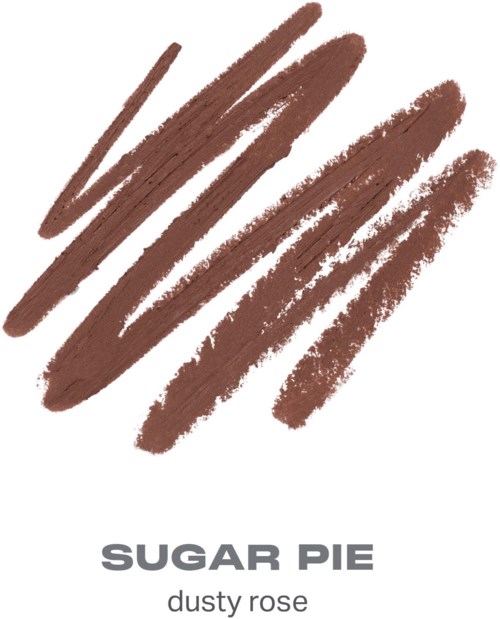 Ett sminkprov i nyanser av dammig ros med fem olika streck. Texten säger Sugar Pie dusty rose.