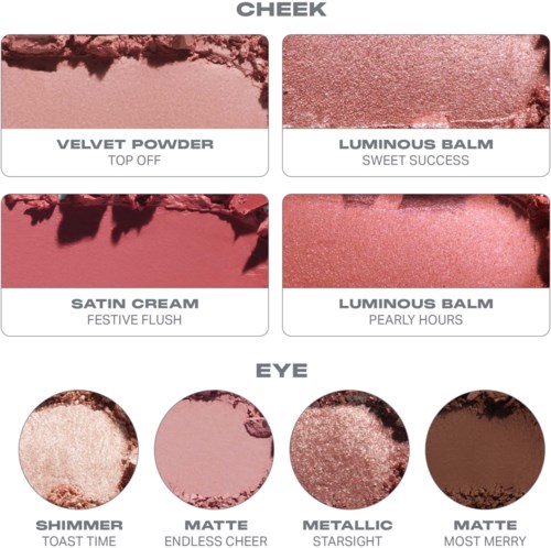 Fire øjenskyggeprøver i nuancer fra lys beige til mørkbrun med shimmer, mat og metallisk finish.