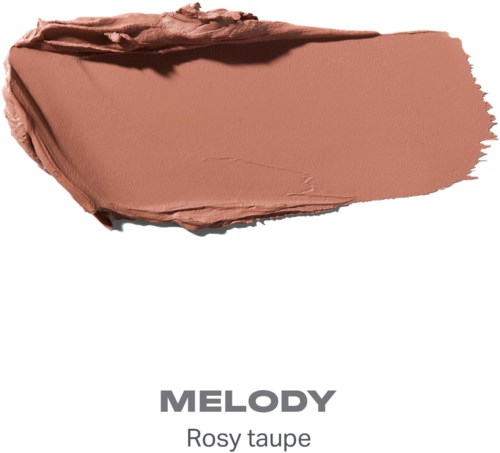 En prøve av lys brun makeup eller maling med matt finish og ordet Melody Rosy Taupe under.
