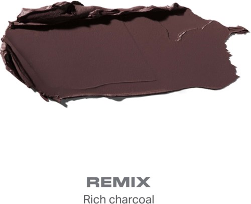 Et mørkebrunt, skittent, rektangulært område av rik kull på en hvit bakgrunn med ordene REMIX og rich charcoal.