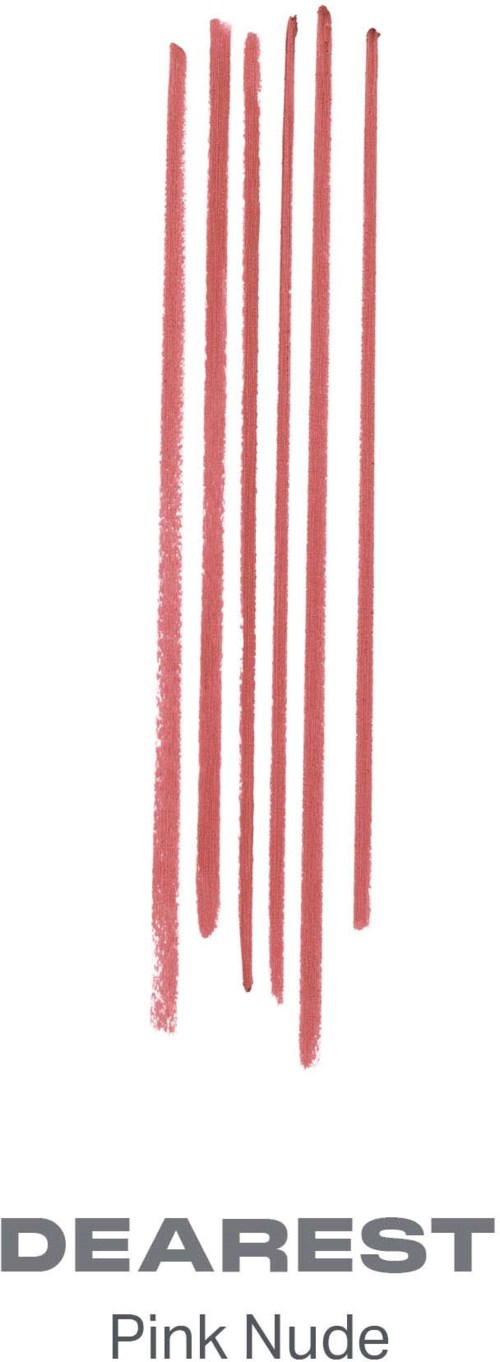 En vertikal logga med fem röda ränder och orden DEAREST Pink Nude längst ner.