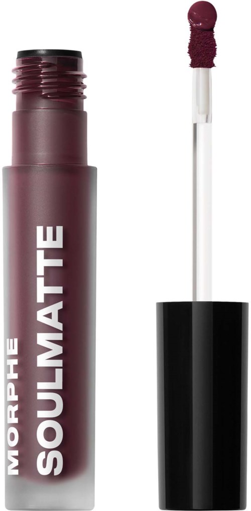 En läppstiftstubbe märkt Morphé SouliMate med ett mörk bärfärgat läppstift och en applicator.