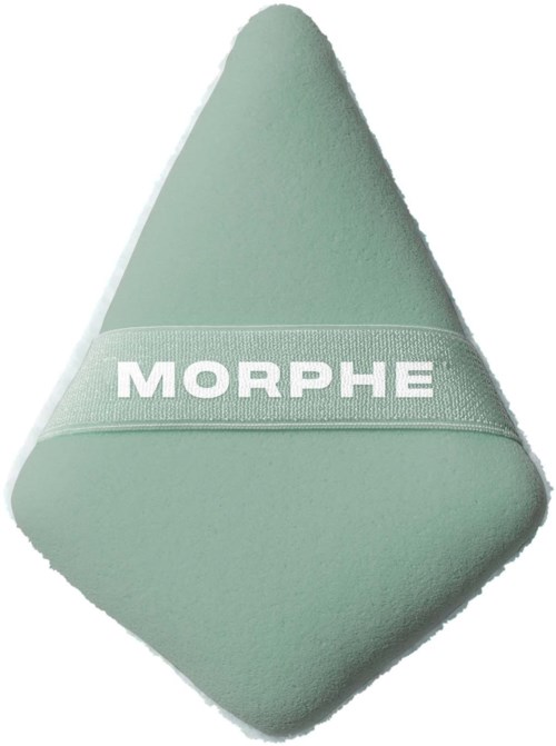 A green makeup sponge with the MORPHE logo in white. It is triangular and soft-looking.