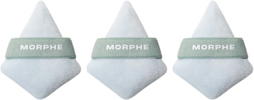 Three white makeup sponges with green bands labeled 'Morphe' are lined up horizontally.