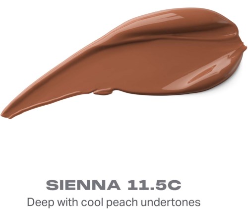 En brun makeupprov med jämn, glänsande textur, märkt Sienna 11.5C, med beskrivning av kalla persikotoner.