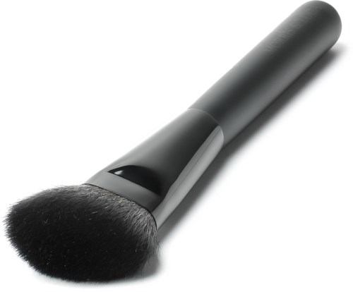 En stor sort makeup-børste med bløde børster og håndtag, bruges til påføring af pudder eller foundation.