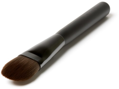 Makeup-blixt med bruna borst och svart handtag på vit bakgrund.