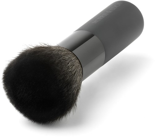 A makeup brush with dark bristles and a black handle on a white background.