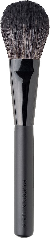 En makeupborste med svart handtag och fluffiga, runda borst för att applicera puder eller rouge.