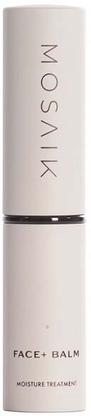 A white cylindrical tube with black text that says MOSAIV and FACE BALM, labeled as moisture treatment.