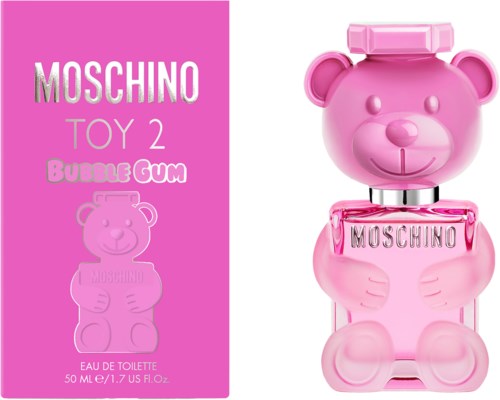 Rosafarvet parfymeflasker i form av en bjørn og eske med Moschino Toy 2 Bubble Gum etikett.