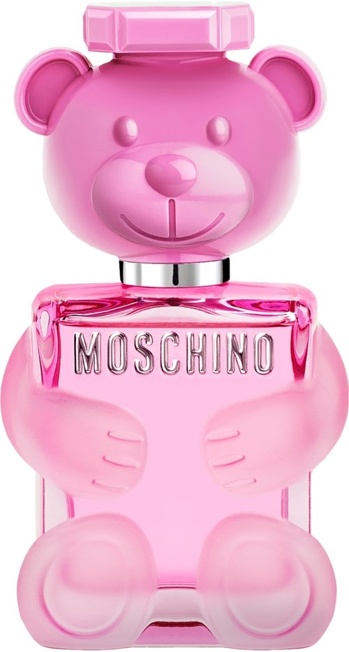 Rosa parfymeflaske i form av en teddy med 'Moschino'-merke, søt og leken design.