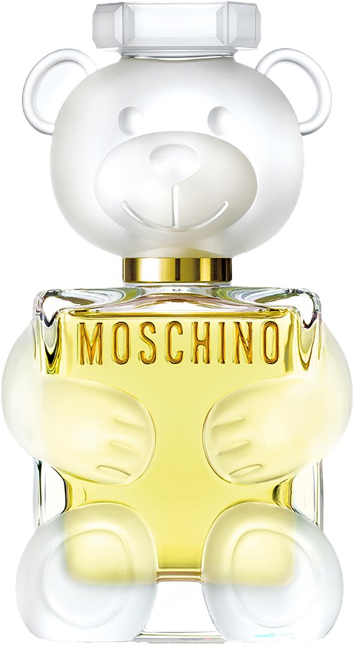 Ein Bärenformige Parfümflasche mit weißem Bärenkopf und transparentem Körper mit der Aufschrift "Moschino."