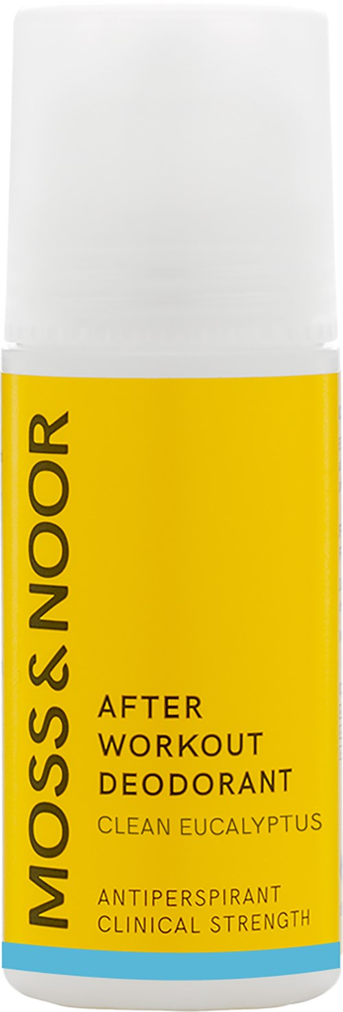 Gul deodorantstift med vit lock, märkt Moss & Noor, efter träning, eukalyptus doft, för armhålor.