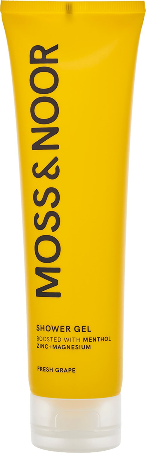 Gul flaska av Moss & Noor duschgel med mentol, zink, magnesium och doft av färsk druva.