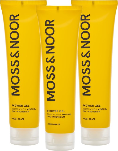 Tre gula tuber med Moss & Noor duschgel som innehåller menthol och doft av färsk druva.