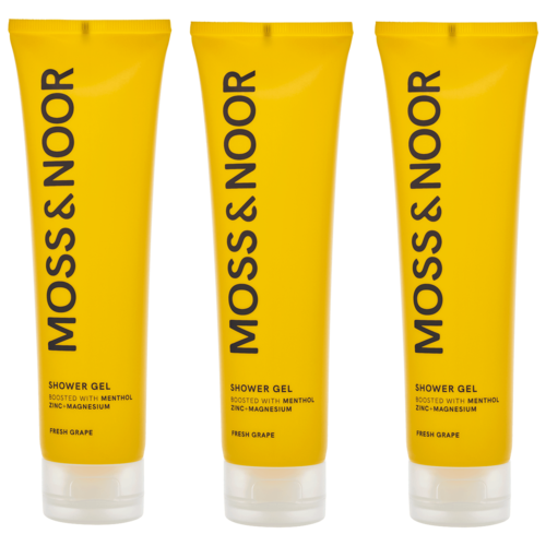 Tre gula tuber med moss & odör duschtvål, doftande av färsk druva, innehållande mentol, zink och magnesium.