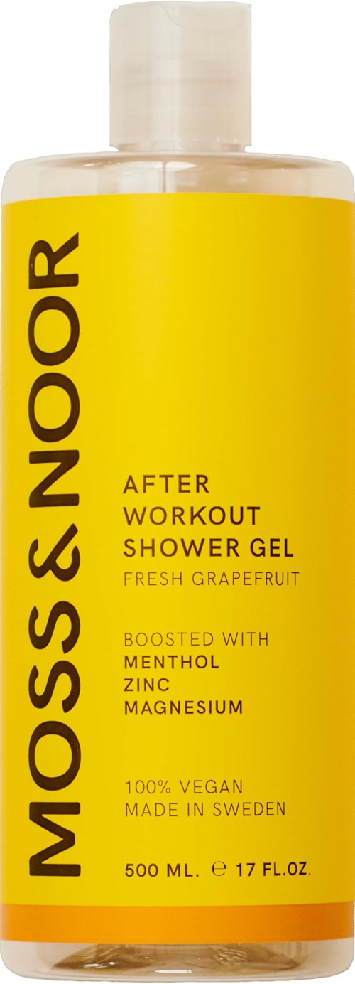 En gul flaske mærket 'MOSS NOOR' med oplysninger om duft, ingredienser og størrelse.