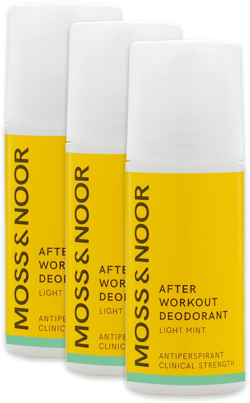 Trzy białe i żółte kulki dezodorantu z napisem 'MOSS & NOOR' i 'AFTER WORKOUT DEODORANT LIGHT MINT'.