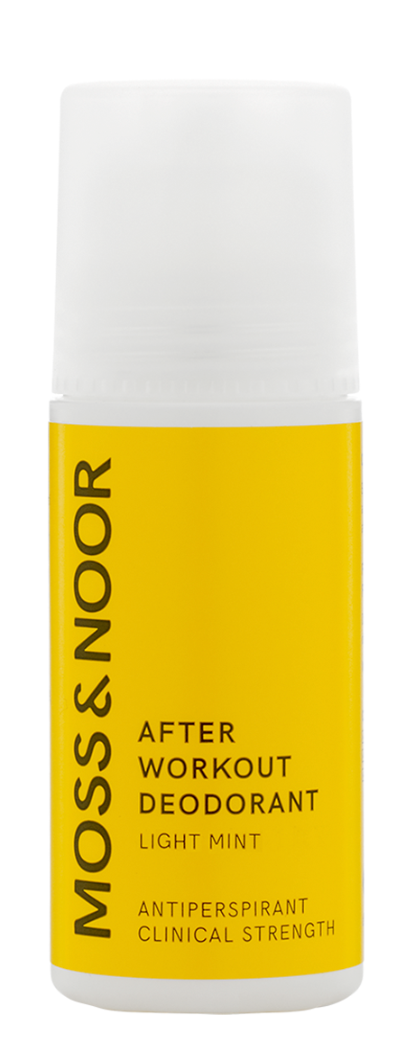 En vit och gul dosa med etikett, kallad 'Moss & Nogor', för efter träning deodorant, lätt mintsmak, stark.