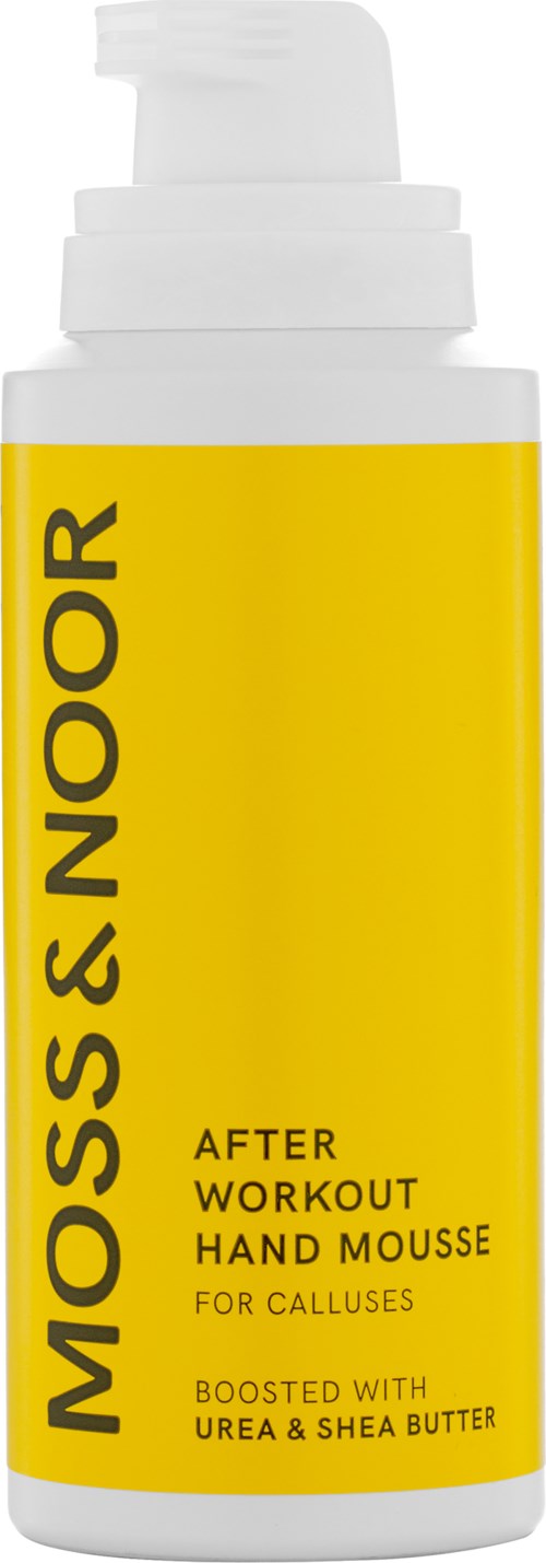 Gul flaske med hvid pumpe, mærket Moss & Noor After Workout Hand Mousse til hårdhud, med shea smør og urea.