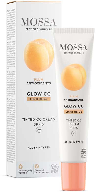 Mossa Glow CC lys beige tonet kremrør og eske med ferskenikon, hudpleieprodukter for alle hudtyper.