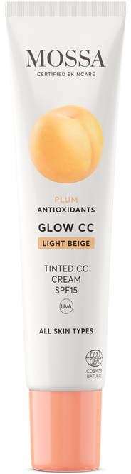 Tub med Mossa Glow CC Light Beige tonet krem med SPF15 og antioksidanter for alle hudtyper.