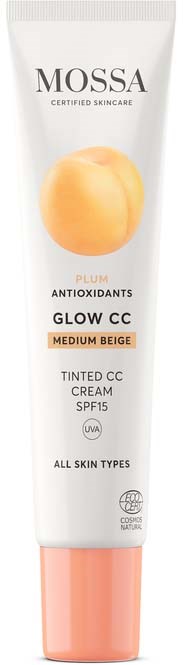 Tube av Mossa Glow CC Cream med ferskenfarge og svart tekst, SPF 15, egnet for alle hudtyper.