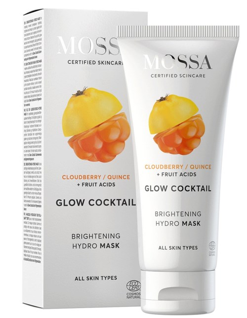 Et hudpleieeske og tube med en gul kvitten og oransje trollhassel med fruktsyrer. Produktet heter Glow Cocktail.