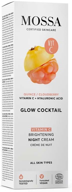 Ein Kosmetikproduktkarton von MOSSA mit Illustration von Saft und Moltebeere, und Text über Vitamin C und Hyaluronsäure.