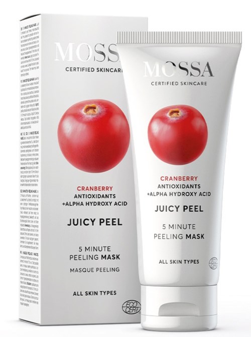 En hudvårdsproduktförpackning och tub med märkningen Mosssa Cranberry Juicy Peel med antioxidanter, alfahydroxisyra och avsett för alla hudtyper.