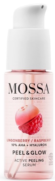 En hudvårdsflaska märkt Mossa, med fokus på hallonsmak, hyaluronsyra och aktiv peelingserum för skinande hud.