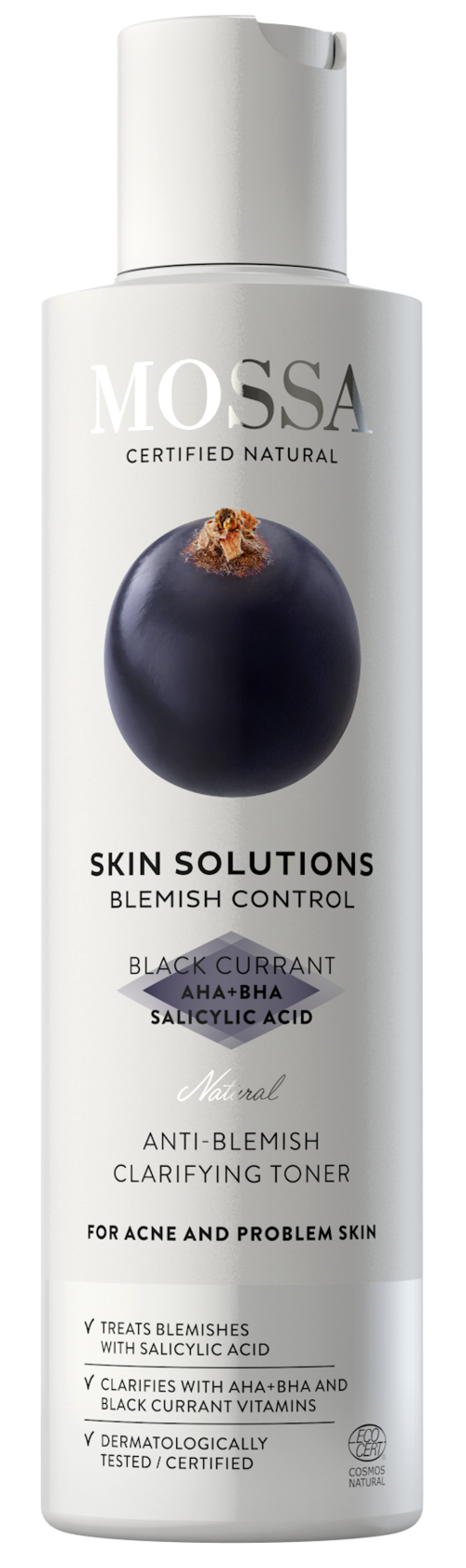 Mossa Skin Solutions Blemish Control -kasvovesipullo, jossa on mustikka kuva.