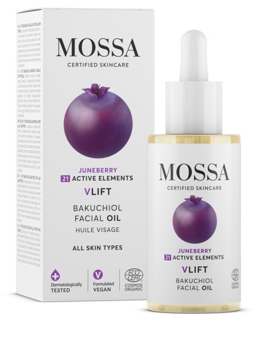 Ein Hautpflegeprodukt namens Mossa Juneberry Bakuchiol Facial Oil mit einem Bild einer lila Beere, Etikettinformationen und einer Pipette.