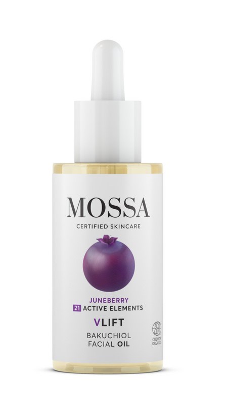 Eine weiße Flasche mit Tropfer, beschriftet MOSSA, lila Granatapfelbild und Text zu Hautpflege und Facial Oil.