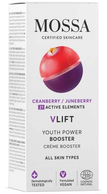 A white box with a cranberry and jelly berry illustration, labeled Mossa skincare, Youth Power Booster for all skin types.