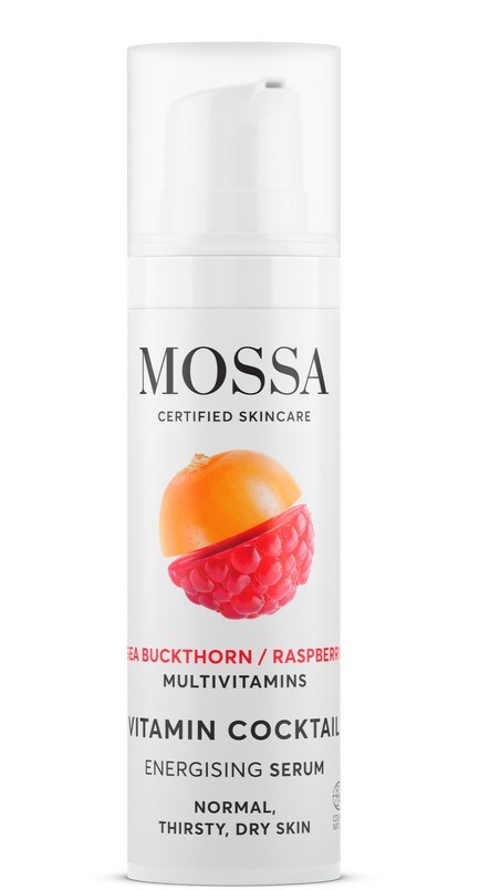 Valkoinen pumppupullo sisältää MOSSA-vitamiinijuomaa, joka on energisoiva hoito normaalille, kuivalle ja janokkaalle iholle.