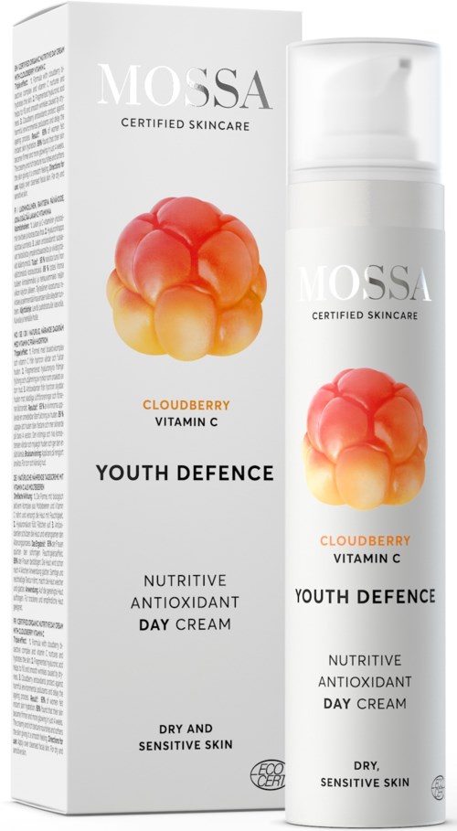 En hudvårdsprodukt från Mossa som heter Youth Defence med Hjortron och Vitamin C. Passar för torr, känslig hud.