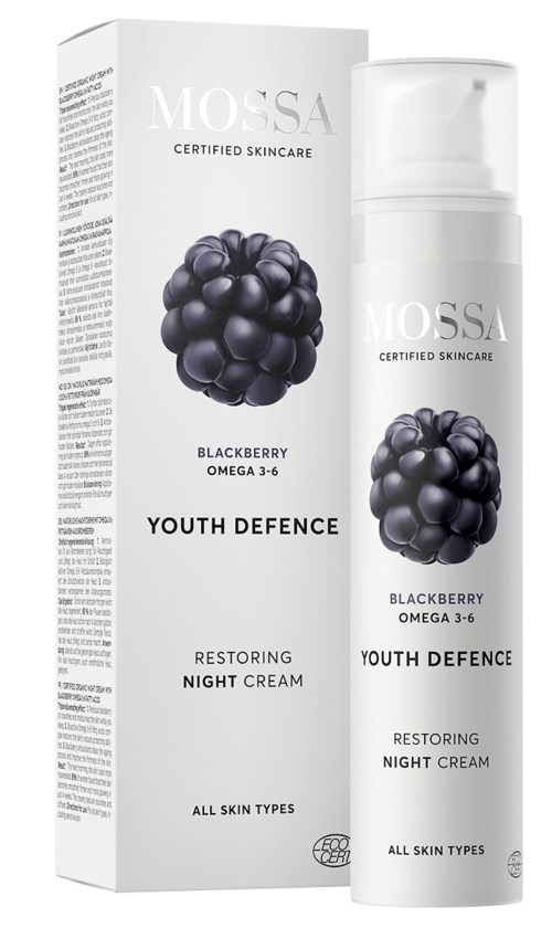 En hudvårdsprodukt som heter Mossa Blackberry Omega 3-6 Youth Defence Restoring Night Cream för alla hudtyper.
