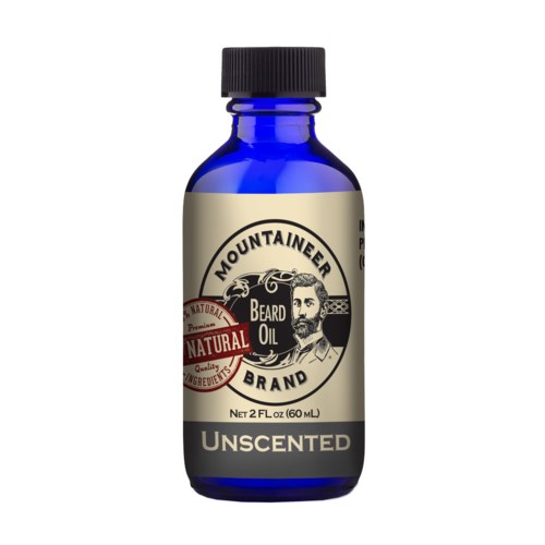Blå glasflaska med etikett för Mountaineer Brand skäggolja, oduftad, 2 fl oz (60 ml).