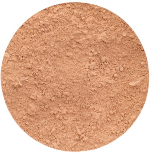 En rund behållare med ljusbrun löspuder, möjligen makeup eller markkross.